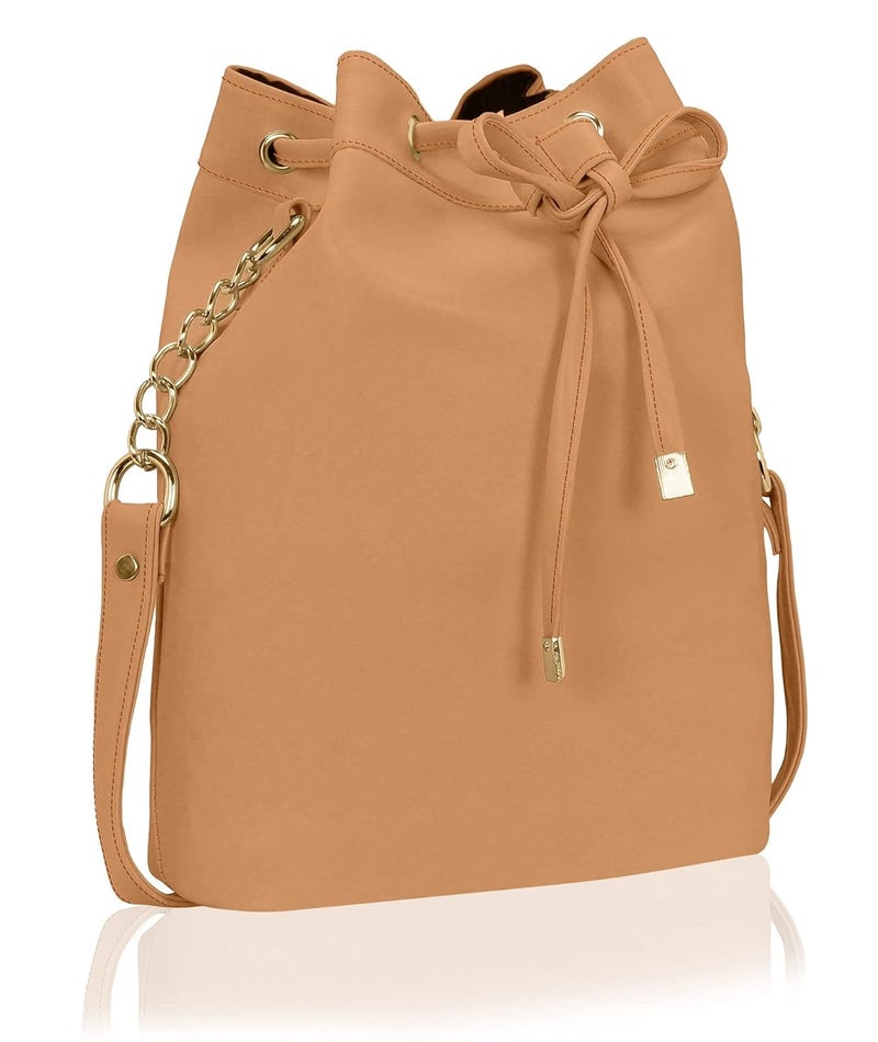 KLEIO Stylish Solid Color Bucket Sling Bag for Women - Tan Faux Leather - Image 2
